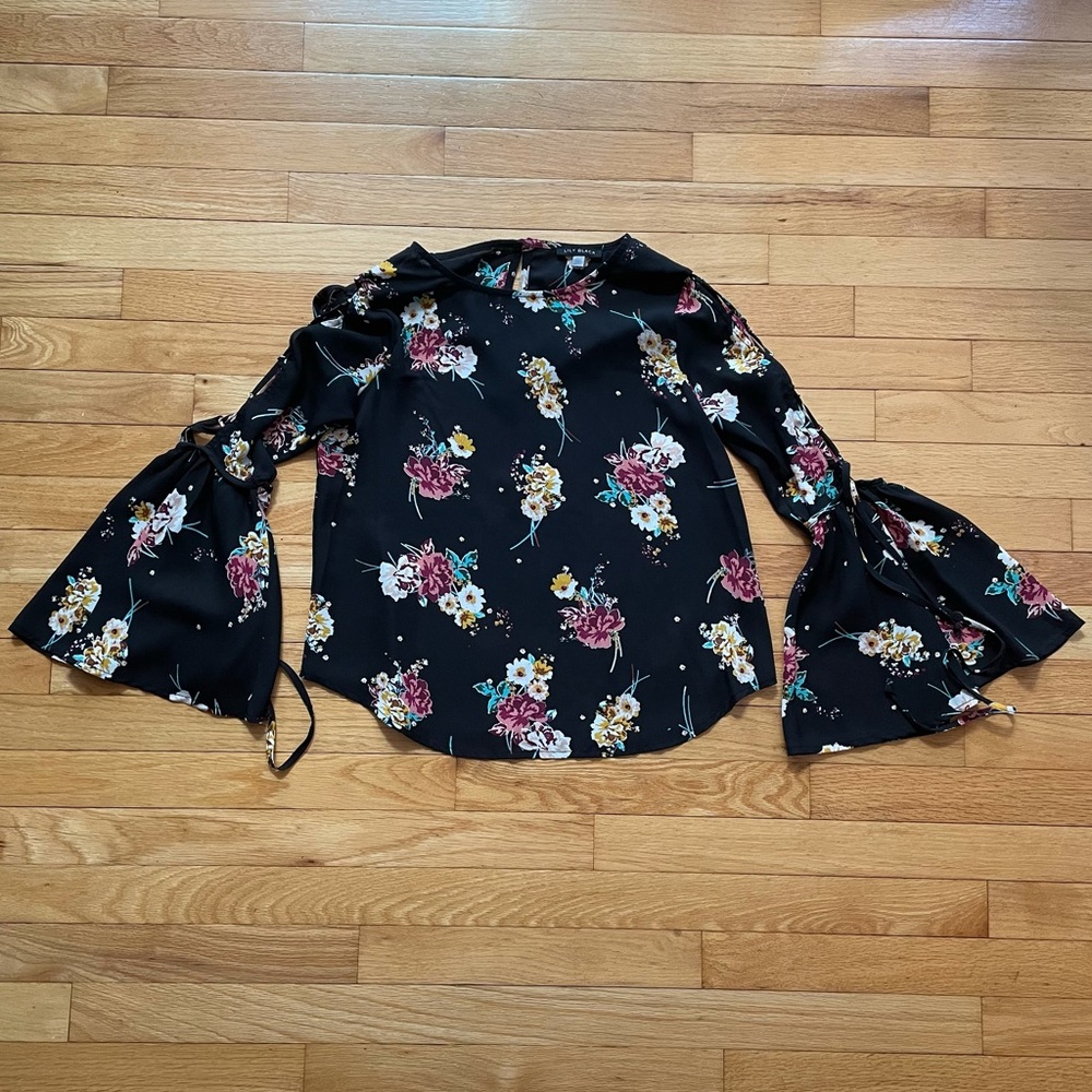 Lily Black Floral Lace Up Bell Sleeve Top
